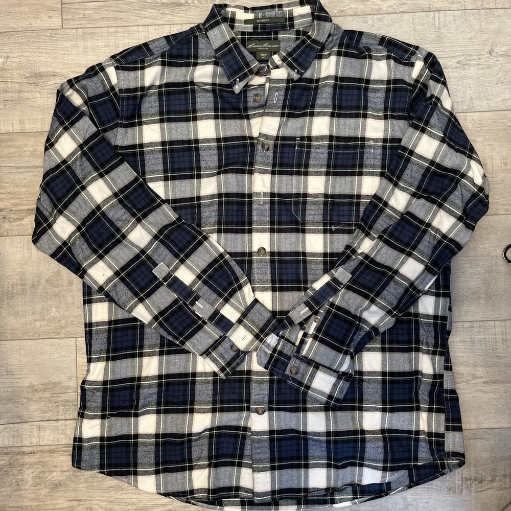 Eddie Bauer Men's Classic Plaid Flannel Button-Down‎ Shirt Navy Green Tall XL